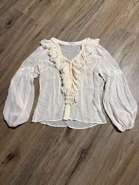 Boston Proper Silk Cream Ruffle V-Neck Sheer Blouse